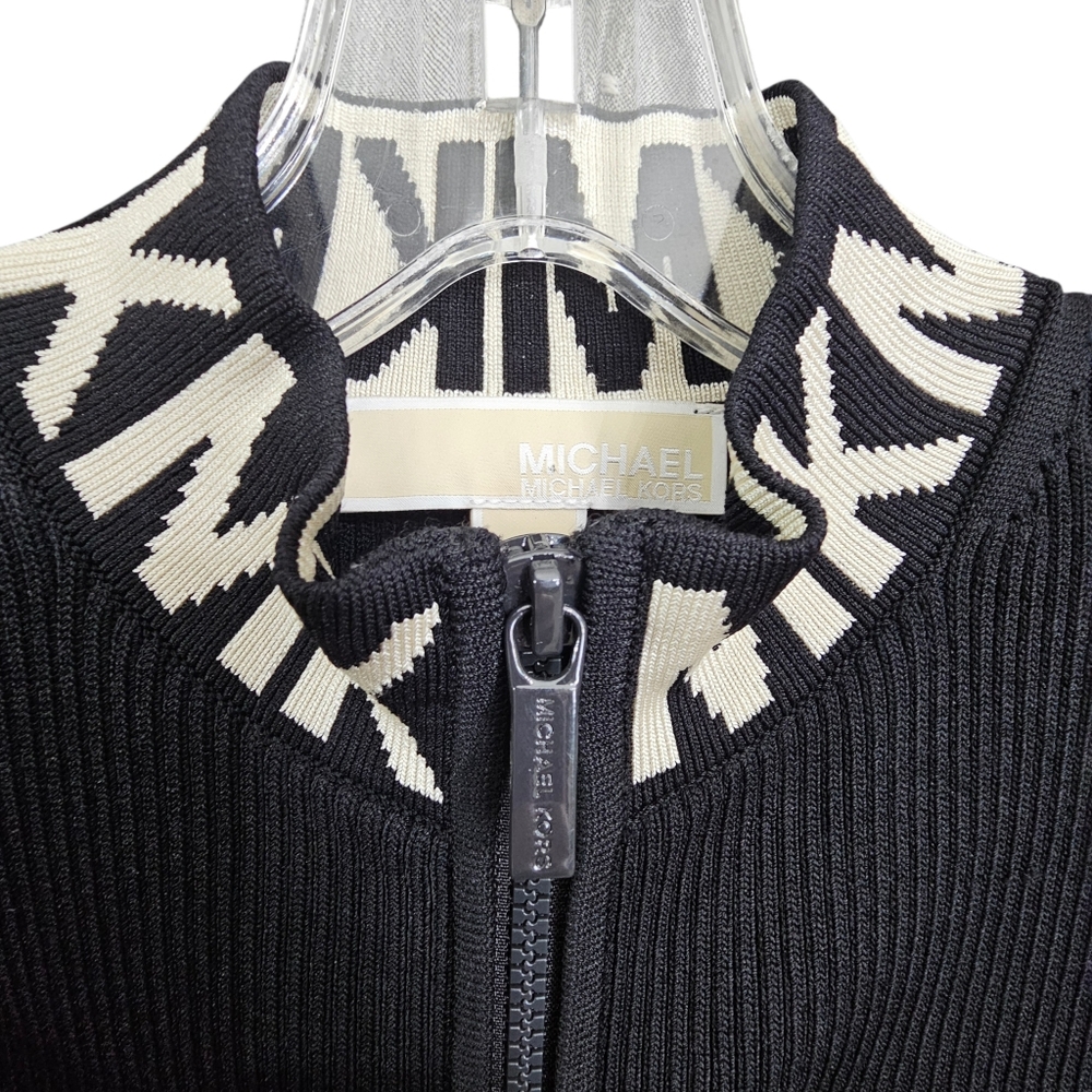 Nwot Michael Kors Black Ribbed Knit MK Logo Neckline Shortsleeve Zipfront Dress - Picture 7 of 17